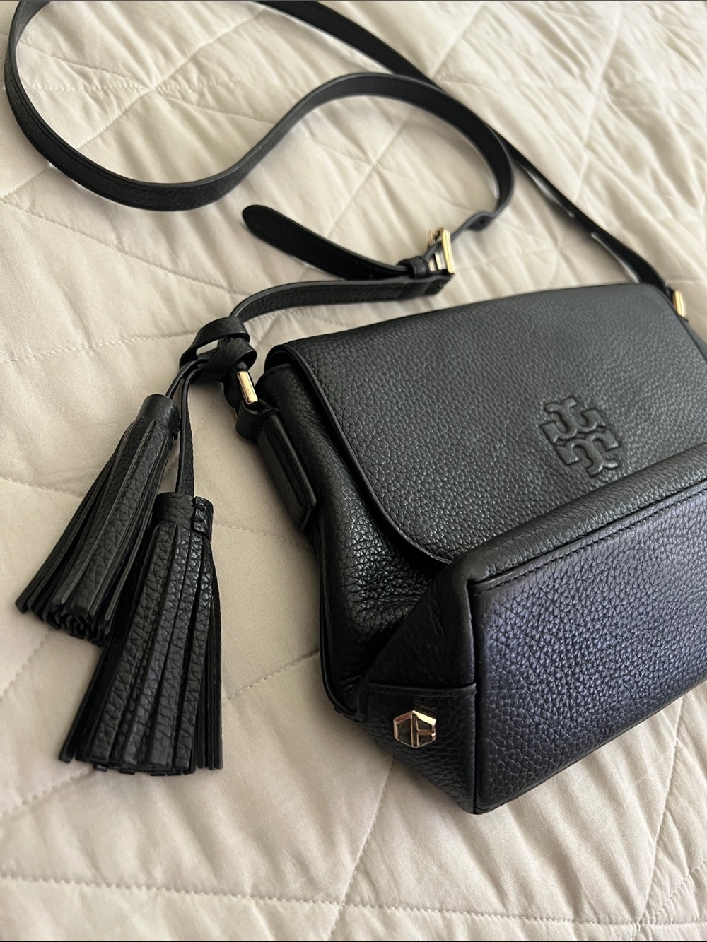 Tory Burch Thea Flap Crossbody Bag in Black with tassel - Picture 9 of 16